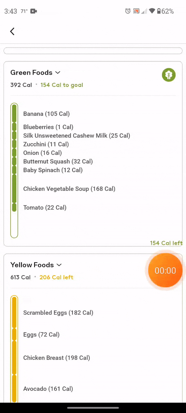 Noom app showing food log and categories