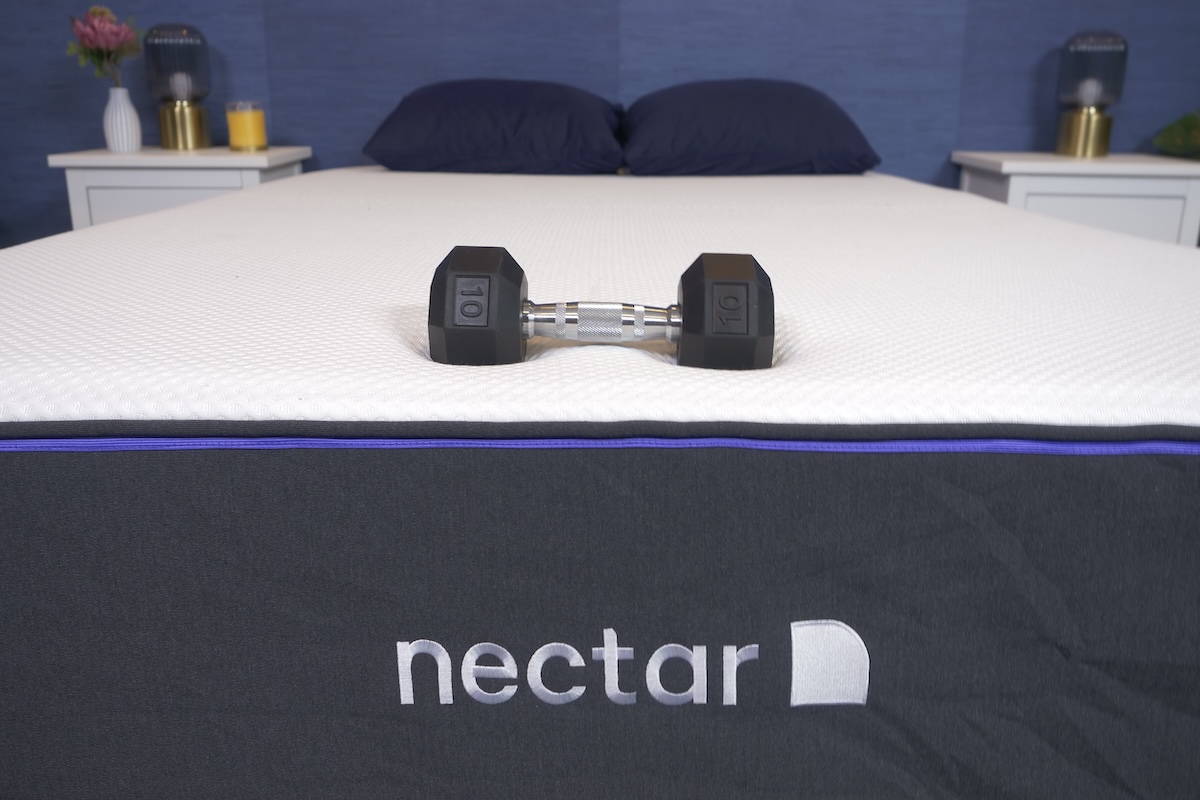 10-pound dumbbell on a Nectar mattress