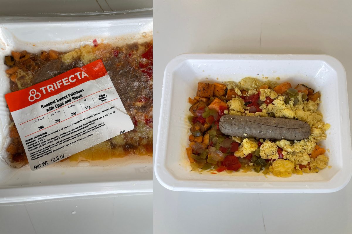 Trifecta egg, steak, and sweet pepper breakfast wrapped in packaging.
and Trifecta egg, turkey sausage, and sweet potato breakfast in an unwrapped serving dish.
