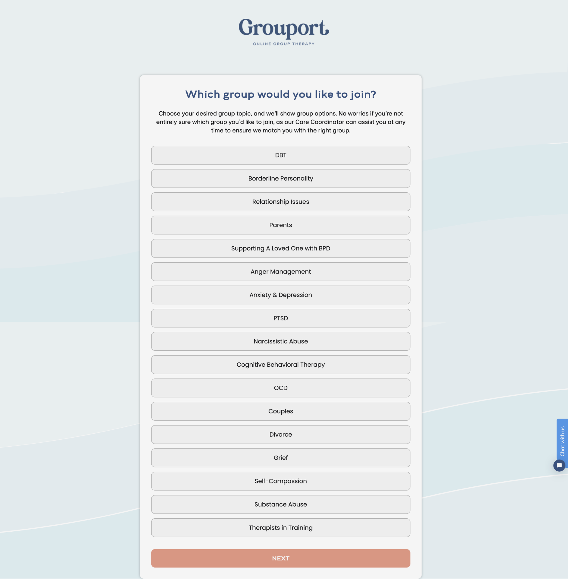 A screenshot of the signup process for Grouport online therapy.
