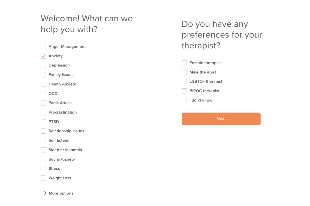 The onboarding questionnaire asking about desired treatment areas and therapist preferences