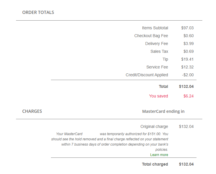 An Instacart receipt for an order from Aldi showing a breakdown of the food cost plus checkout bag fee, delivery fee, service fee, sales tax, and tip.