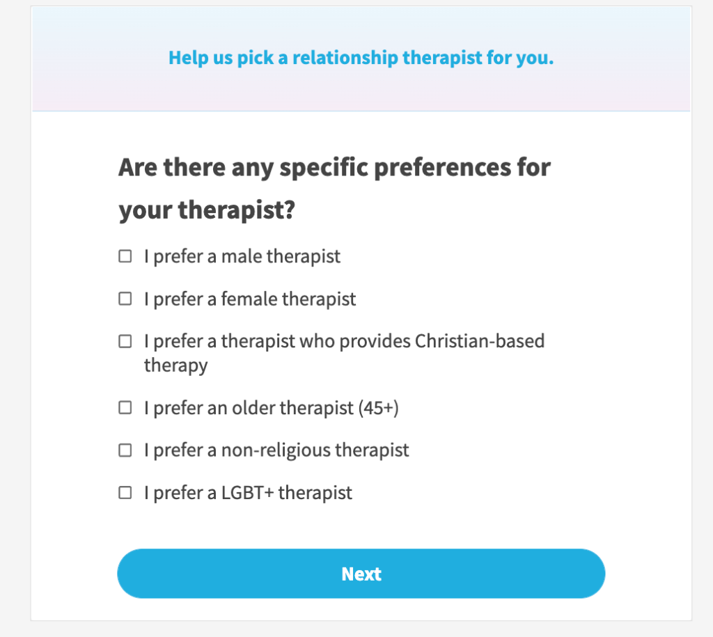 Screenshot of Regain questionnaire "About your partner" section