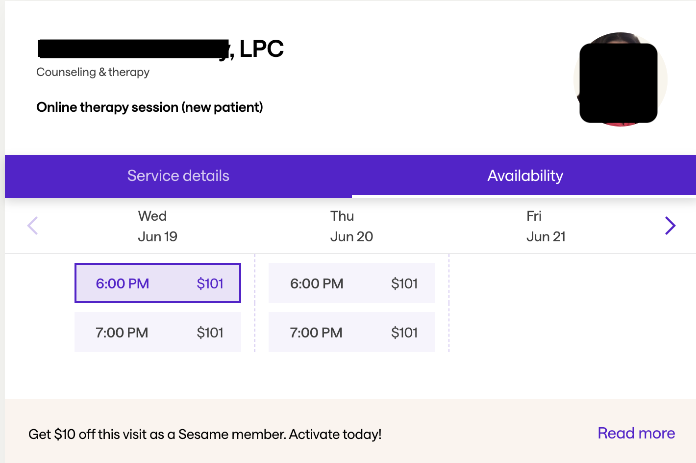 A screen showing available appointment times for new patient online therapy sessions on Sesame.